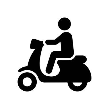 Scooter sürücüsü simgesi, basit siyah stilde, motosiklet kullanan birini tasvir ediyor.