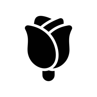 Gül tomurcuğu çizimi basit, siyah bir çiçek siluetini bembeyaz bir arka planda tanımlanmış taç yapraklarıyla tasvir ediyor.