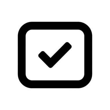 Beyaz arkaplan üzerinde yuvarlak kare siyah ana hatlı kontrol işareti pozitif doğrulama göstergesi tamamlama işareti