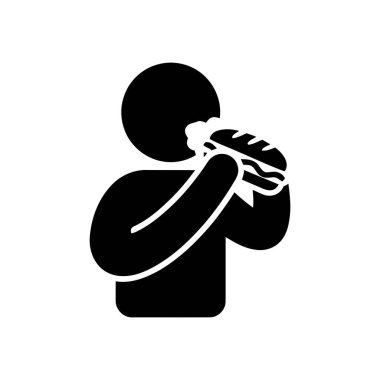 Sandviç ya da hamburger yemek, bu basit siyah siluet ikonunda hızlı bir yemekten hoşlanan bir insanı gösteren bir tasvir edilir.