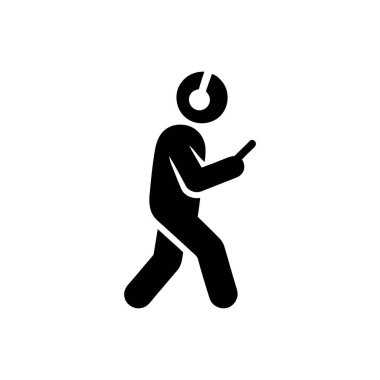 Kulaklık takarak yürüyen ve cep telefonuyla basit siyah bir siluette iletişim kuran kişi.