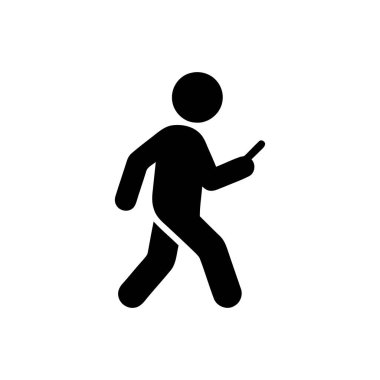 Siyah bir siluet simgesi olarak tasvir edilen bir cep telefonuna takılı halde yürüyen kişi