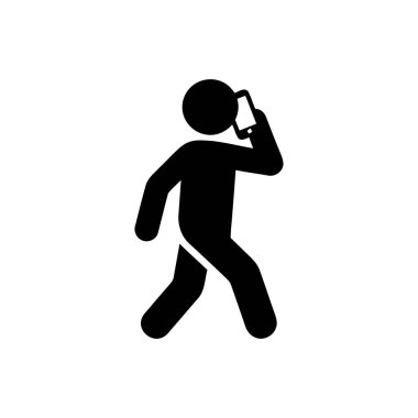 Basit bir siyah siluet simgesi olarak tasvir edilen akıllı bir telefonla yürüyen ve konuşan kişi