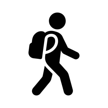 Beyaz arkaplanda siyah bir siluet içeren sırt çantalı yürüyen kişi simgesi