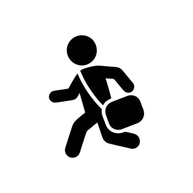 Basit bir siyah siluet simgesi olarak tasvir edilen bir sırt çantası ya da çanta ile hızlı koşan kişi