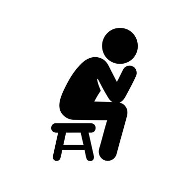 Düşünen adam silueti simgesi ciddi bir ifadeyle bir sorunu çözmek için bir tabureye oturur.