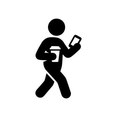 Bir insan elinde bir kahve fincanı ve bir akıllı telefon tutarken yürür ve yaygın bir modern çoklu görev yaşam tarzını tasvir eder.
