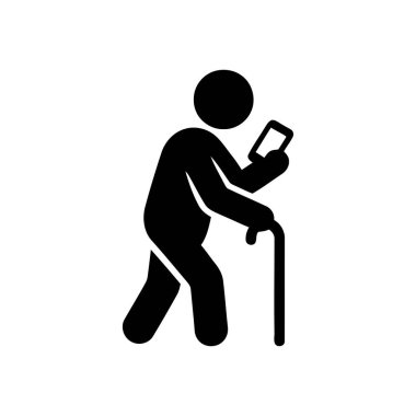 Yaşlı bir birey destek ve hareketlilik için baston kullanırken akıllı bir telefonla meşgul olur