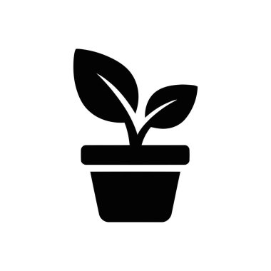 Beyaz arka planda küçük bir tencerede büyüyen iki yapraklı genç bir tohumu tasvir eden bitki simgesi.