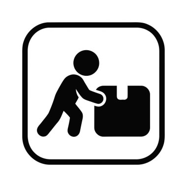 Siyah siluet simgesini itmek, teslimat ve işçi hizmetlerini sembolize eden büyük bir kutuyu taşıyan kişiyi resmediyor