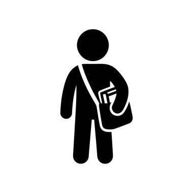 Öğrenci, içinde basit bir grafik simgesi olarak tasvir edilmiş kitapların bulunduğu bir omuz çantası taşıyor.