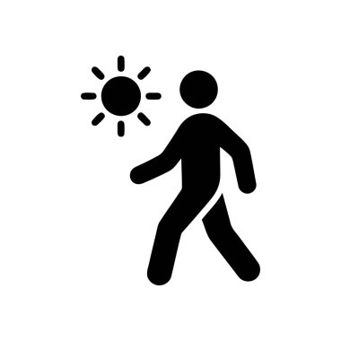 Beyaz zemin üzerinde güneş sembolü olan yürüyen insan silueti sağlık aktivitesi ve yaşam tarzı kavramları için basit simge tasarımı