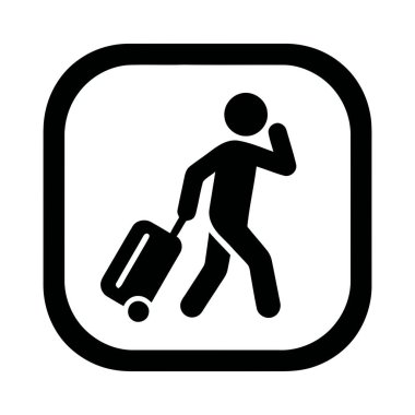 Gezgin, yol bulma ve seyahat ile ilgili kavramlar için ideal yuvarlak kare bir sembol içinde tasvir edilmiş yuvarlak bir bavul çekiyor