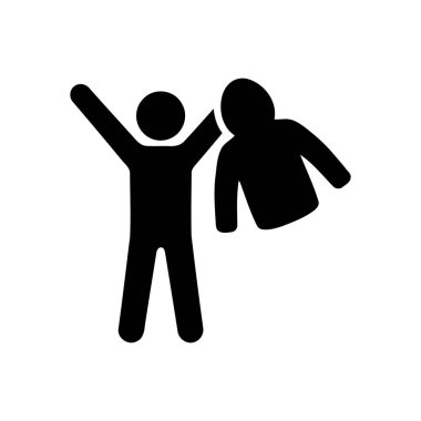 Kişi giydirme simgesi, giysiyi veya tarzı temsil eden bir gömleğin yanında kaldırılmış siyah bir siluet içerir.