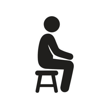 Taburede oturan kişi minimalist siyah-beyaz siluet simgesi olarak gösteriliyor. Oturmuş bir insan figürünün basit bir grafik çizimi.
