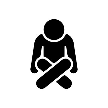 Çapraz bacaklı meditasyonda oturan insan silueti beyaz bir arkaplanda poz verir. Bu basit simge huzur ve rahatlamayı temsil eder.