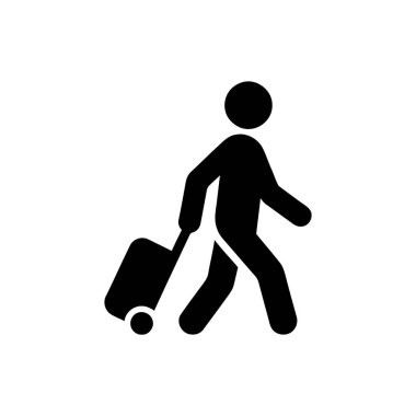 Gezgin, seyahat yolculuğunu gösteren siyah bir siluet olarak tasvir edilmiş yuvarlanan bir bavul çekiyor.