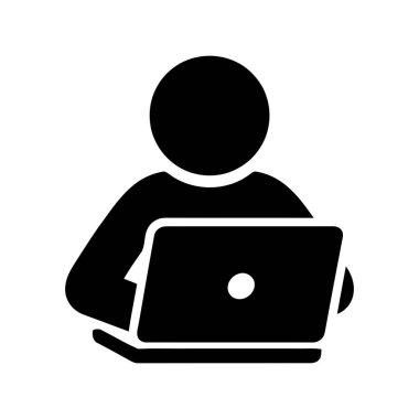 Bir dizüstü bilgisayar simgesi üzerinde çalışan kişi dijital görevleri ve bağlantıyı temsil eden basit bir grafik üzerinde çalışır