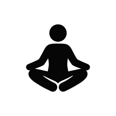 Meditasyon kişisi simgesi, beyaz bir arka planda, sakinlik ve farkındalığı ileten basit bir siyah siluet olarak sunulmaktadır