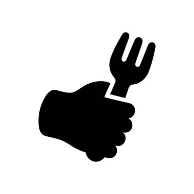 Bir el tarafından tutulan çatal simgesi yemek ve yemek hazırlamayı temsil eden beyaz bir arka planda basit bir siyah siluet çizimi