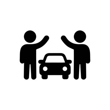 Bir araba siluetinin her iki tarafında duran ve seyahat ya da araba paylaşım hizmetlerini temsil eden insanlar.