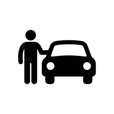 Arabanın yanında duran kişi, beyaz arkaplanda basit bir siyah grafik simgesi olarak duruyor.