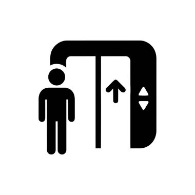 Asansör simgesi, kontrol panelinde yukarı ve aşağı okları olan bir kişinin asansör beklediğini gösteriyor