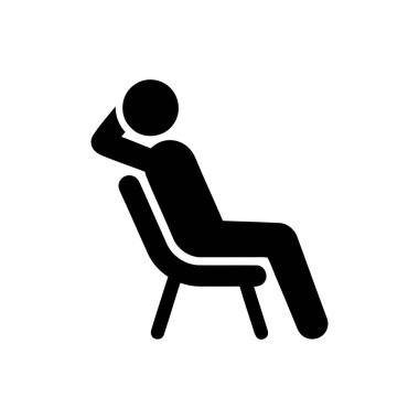 Rahat bir insan ikonu rahat bir sandalyede oturuyor ve elleri başının arkasında boş bir anı resmediyor.