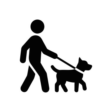 Köpek tasmalı bir insanla yürüyor. Beyaz bir arka planda basit bir siyah siluet tasvir edilmiş. Hayvan mülkiyetini temsil ediyor.