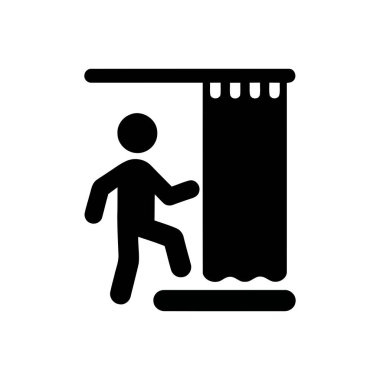 Soyunma odasına giren ya da çıkan kişi, perdeli basit bir siyah beyaz çöp adam simgesi tarafından temsil ediliyor.