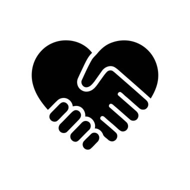 El sıkışma ve kalp sembolü, tek renkli bir ikonda ortaklık, sevgi ve uzlaşmayı tasvir eder