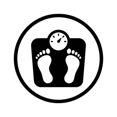 Ağırlık ölçeklendirme simgesi platformda çıplak ayaklar ve sağlık ve zindelik ilerlemesini sembolize eden analog bir arama özelliği