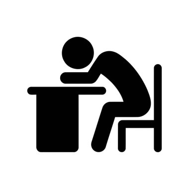 Çubuk bir figür olarak resmedilen yorgun kişi bir masanın üzerinde yüz üstü yatıyor. Bu simge, iş yorgunluğunu ve çalışma yorgunluğunu temsil ediyor.