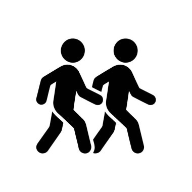 Yürüyen figürler, beyaz arka planda hareket halindeki iki kişiyi gösteren siyah siluetler olarak tasvir edilir.