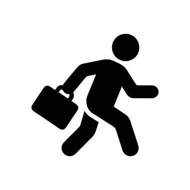 İş adamı, basit siyah bir silüet çiziminde evrak çantası taşıyarak aceleyle işe gidiyor.