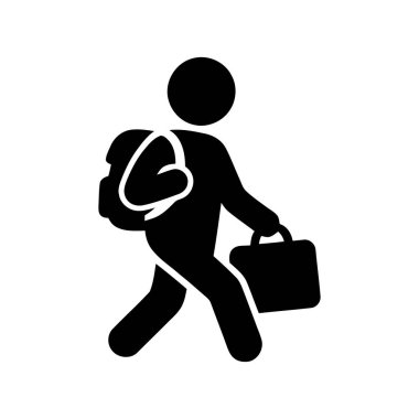 Bir sırt çantası ve seyahat eğitimini veya iş seyahatini temsil eden bir çantayla yürüyen kişi