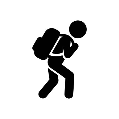 Yürüyüşçü, basit bir siyah siluet simgesi olarak tasvir edilen ağır bir sırt çantası altında mücadele eder. Bu grafik, zorlu bir yolculuğu ya da yükü temsil eder.