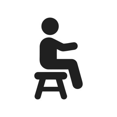 Oturan kişi simgesi, beyaz arkaplana karşı küçük bir taburede oturan basit bir siyah siluet figürü tasvir eder