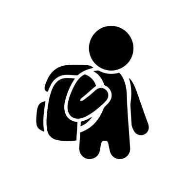 Sırt çantası taşıyan kişi, öğrenci seyahatini veya eğitimini temsil eden siyah bir simge.