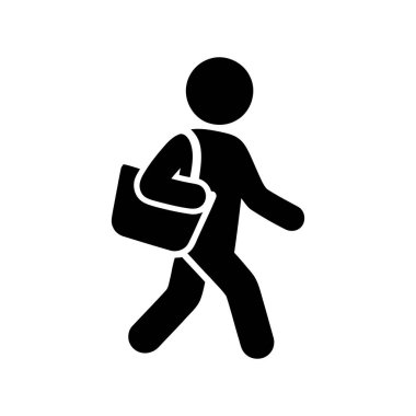 Temiz beyaz arkaplanda omuz çantası siluet ikonu ile yürüyen kişi bu basit grafik günlük seyahat ve hareketi temsil eder