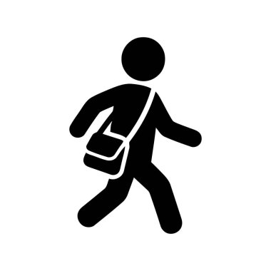 Temiz beyaz arkaplanda omuz çantası silueti simgesiyle yürüyen bir kişi bu basit grafik bir banliyö öğrencisini veya teslimatçıyı temsil ediyor.