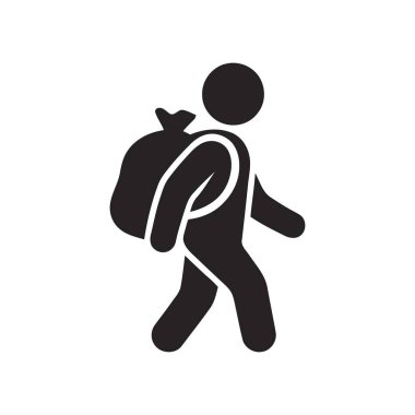 Beyaz arka planda omuzlarında büyük bir çuval taşıyan kişi silueti yürür. Bu simge doğumu ya da seyahati temsil eder.