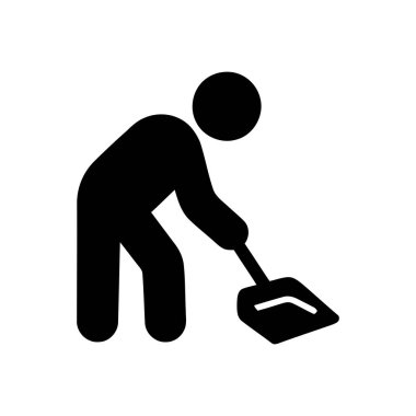 Süpürücü, elinde faraş tutarak temizlik yapıyor. Bu basit siyah siluet, günlük ev işlerini gösteriyor.