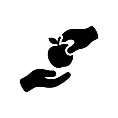 Elma beyaz arka planda iki siyah el arasında paylaşılıyor. Meyve verme ve paylaşma birbirlerine basit ve minimal konsept için.