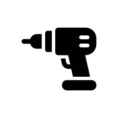 Temiz beyaz arkaplana karşı minimalist bir siyah siluet simgesi olarak sunulan matkap güç aracı