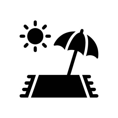 Plaj illüstrasyonu, güneşli bir günü şemsiyeli ve minderli tasvir ediyor. Yaz tatili için mükemmel.