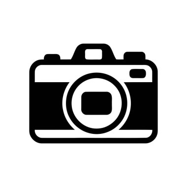 Siyah beyaz minimalist bir dijital illüstrasyon gösteren kamera simgesi