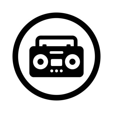 Boombox simgesi bir retro müzik çalar aygıtını temsil eden siyah beyaz basit bir vektör grafiği içerir