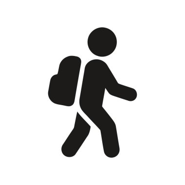 Sırt çantası yürüme simgesine sahip olan kişi, seyahat veya eğitimi bembeyaz arkaplanda izole edilmiş siyah bir siluet.