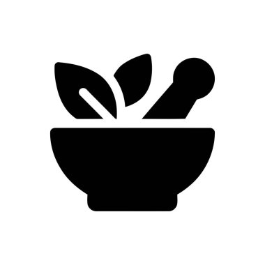 Doğal tıp ve geleneksel sağlık ilaçlarını sembolize eden taze yapraklı havan ve tokmak ikonu.